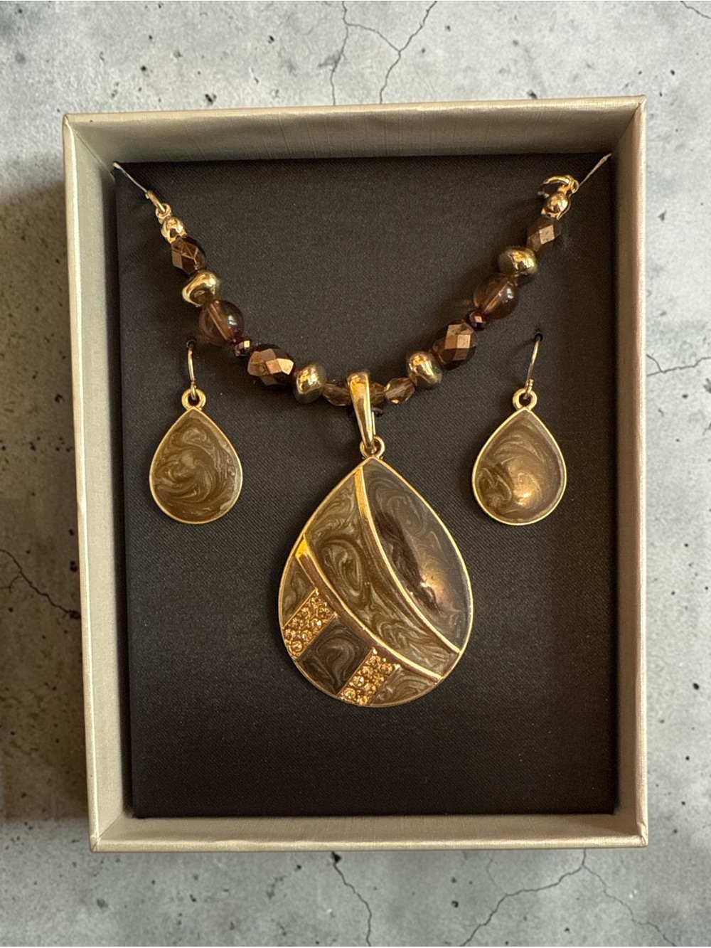 Mixit Gold-Tone Brown Swirl Teardrop Necklace & Earring Set NIB
